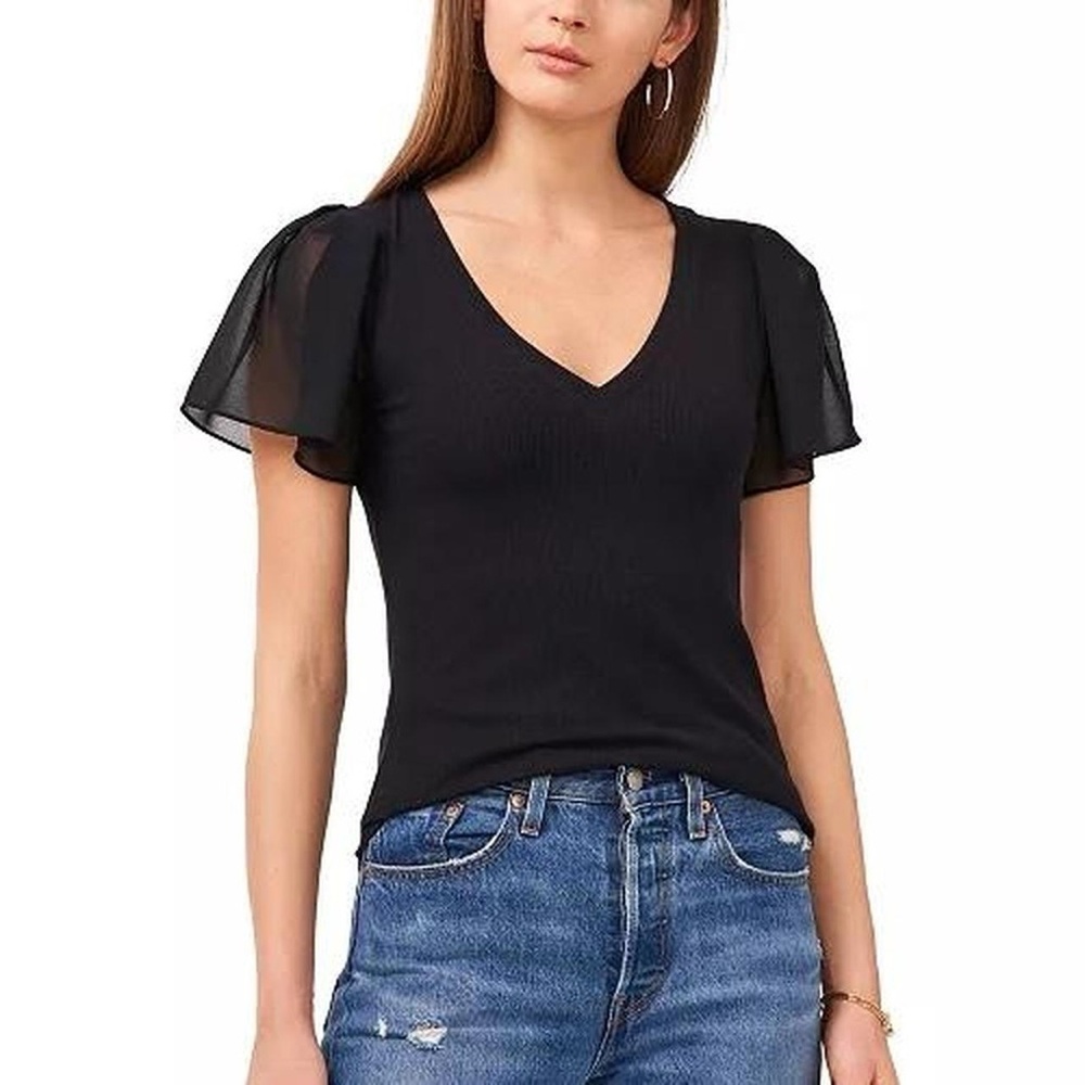 Calvin Klein Flutter Short Sleeve V-Neck Top – Women’s Medium, Black